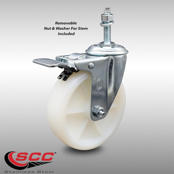 5 Inch SS Nylon Wheel Swivel 3/8 Inch Threaded Stem Caster with Total Lock Brake